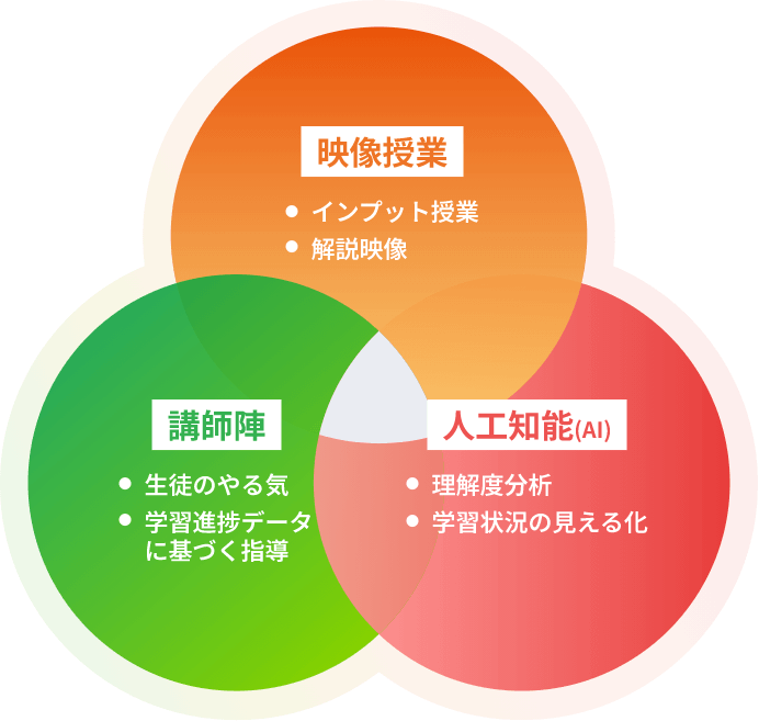 【映像授業】インプット授業、解説映像、【人工知能（AI）】理解度分析、学習状況の見える化、【講師陣】学習進捗データに基づく指導、生徒のやる気